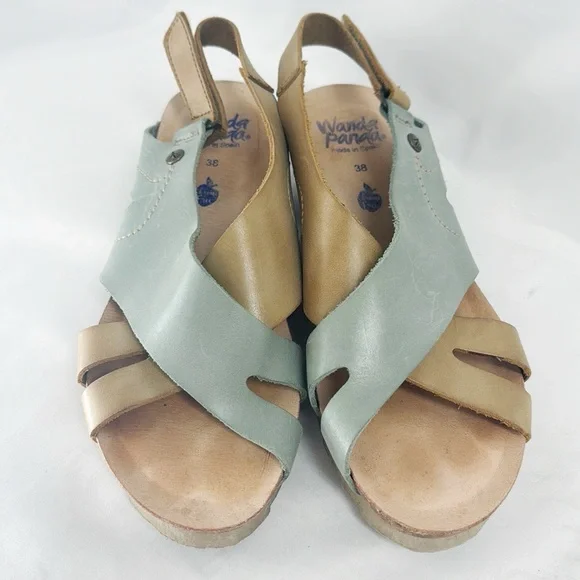 WANDA PANDA Leather Sandals 2-Tone Tan/Blue Padded Insoles Size 38/7.5 - Picture 2 of 7